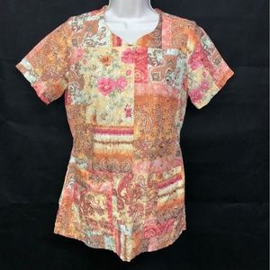 EUC Elan Barco XS Scrub Shirt Paisley Floral Nurse